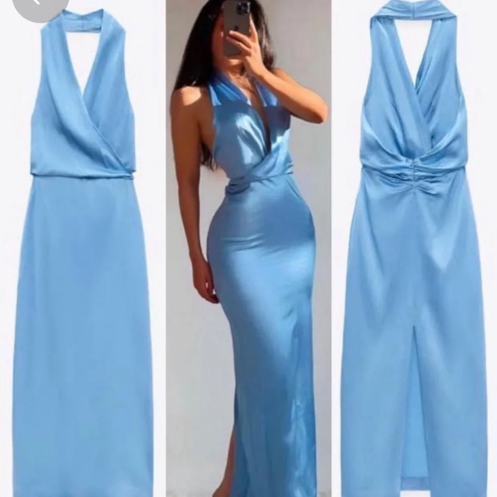 Zara blue satin effect halter top ruched open back midi slip dress NWT - Picture 6 of 16